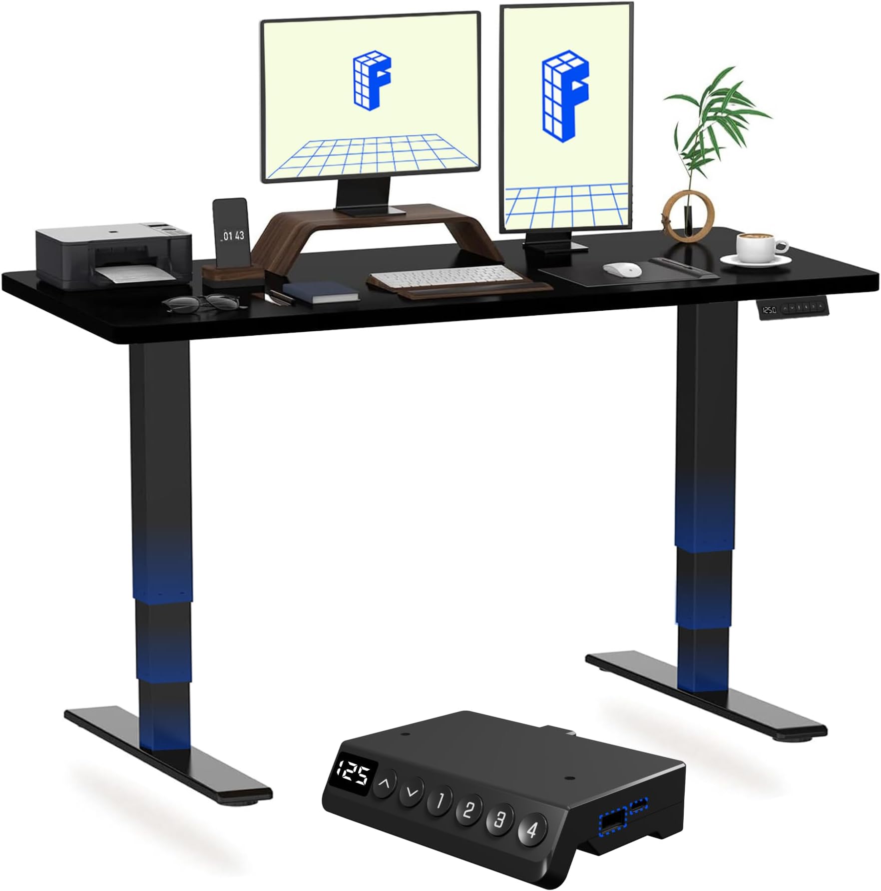 E6 MAX ONE PIECE Electric Standing Desk with USB Dual Motors 3 Stage Height Adjustable Sit Stand Up with Memory Smart Panel(Black Frame+120x60cm Black Top)