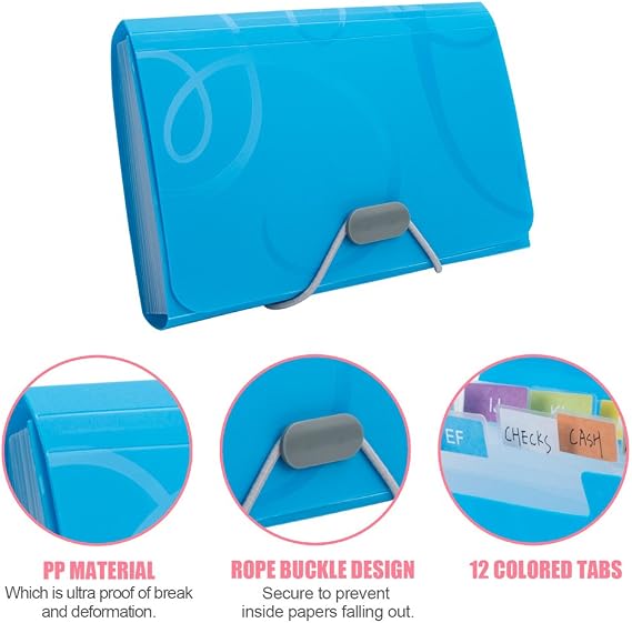 Expanding File Folder 4 Pack A6 Size 13 Pockets Portable Receipt Organiser | Vidillo Plastic File Expandable Accordian with Colored Labels Index for Receipts, Bills, Checks, Vouchers