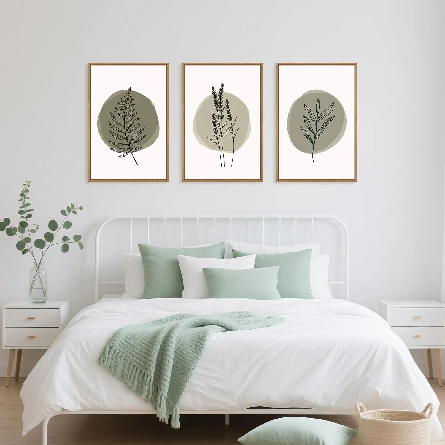 LTjiajuypd Leinwandposter mit salbeigrünem Blattmotiv, minimalistisches Wandbild im Bohème-Stil für Wohnzimmer und Zuhause (60 x 85 cm - 3-teilig)