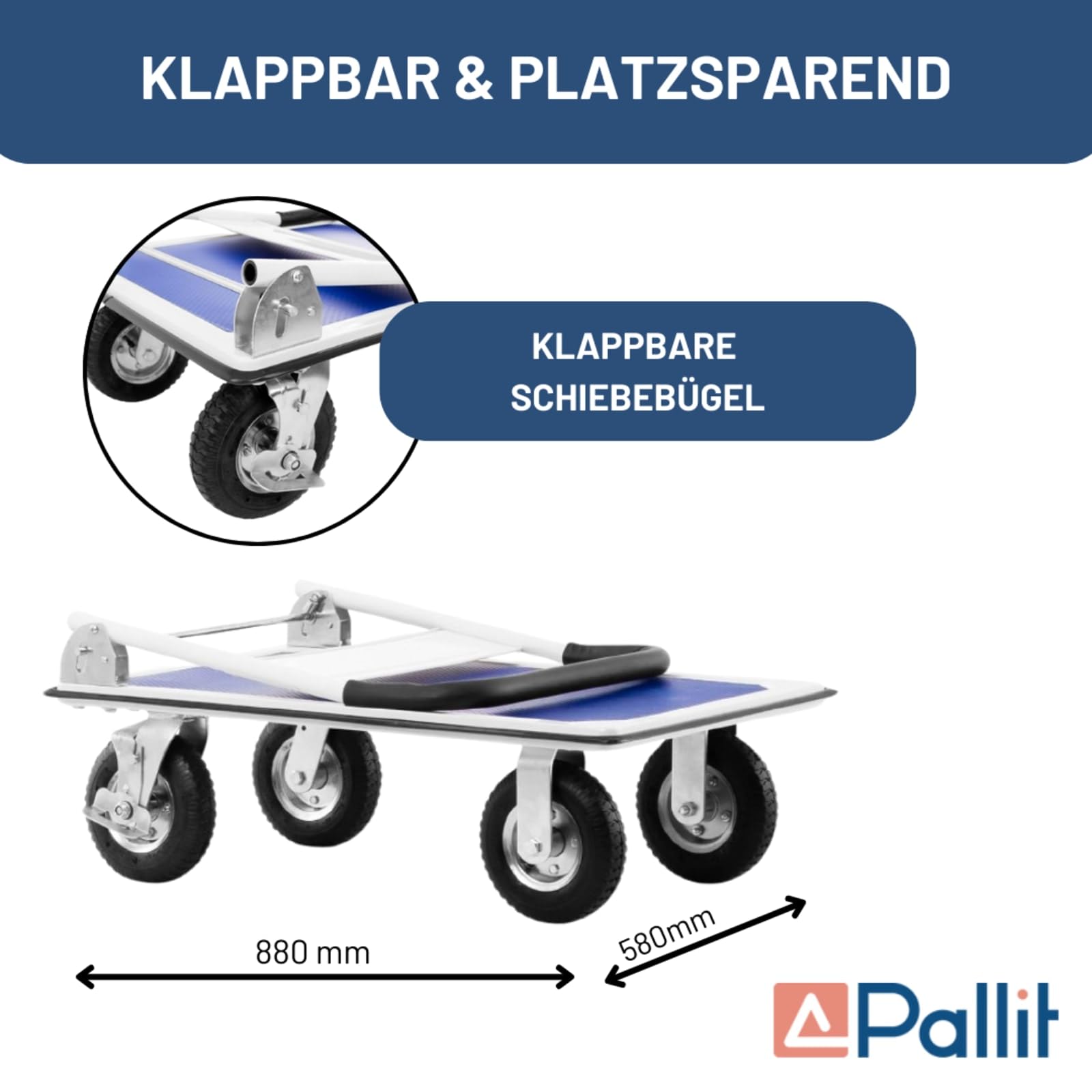 Pallit CARRY-R Carrello a Piattaforma Pieghevole - Portata 300 kg, Ruote Pneumatiche, Piano 880x580 mm, Carrello per Trasporto con Pianale Antiscivolo