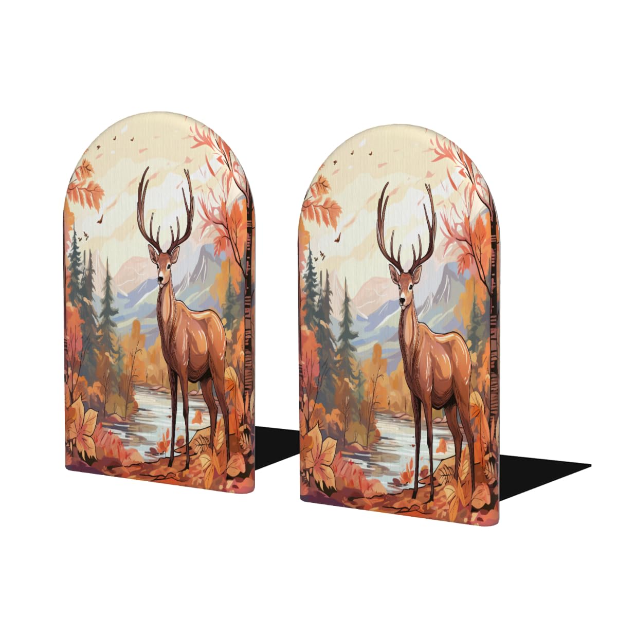 (2 PCS/1 Pairs) Wood Bookends Autumn Deer Decorative Wood Bookends for Student School Shelves Kids Room Desk Home Office Book Stoppers for Holiding Books 5x3 Inch