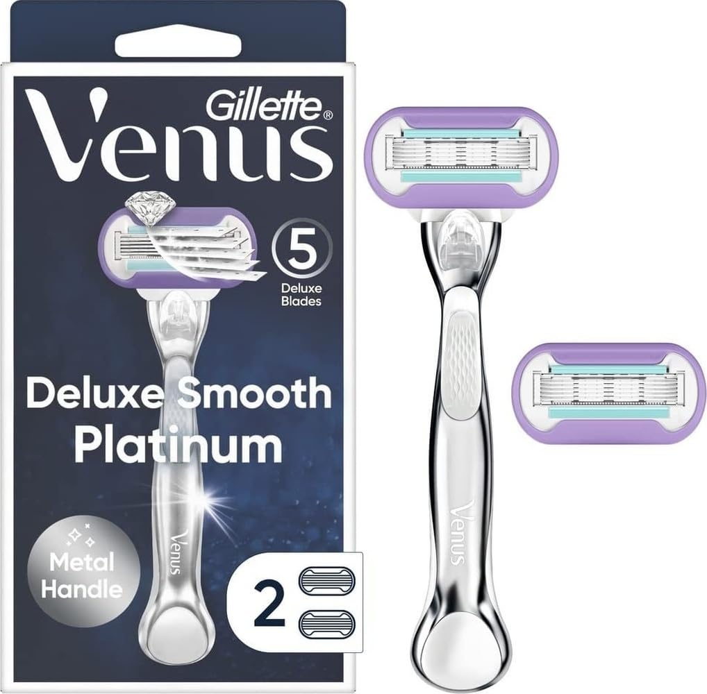 Gillette Venus Rasoirs Deluxe Smooth Platinum pour femme, 1 rasoir Venus, 2 recharges de lame de rasoir, poignée en métal avec poignée antidérapante