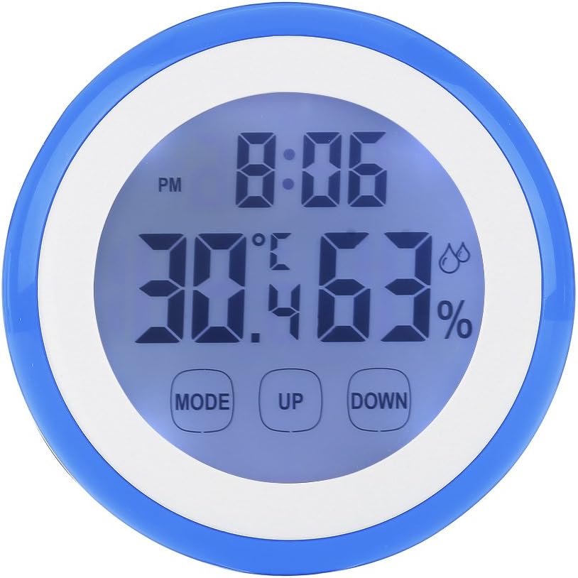 Touchscreen Digital Indoor Home Hygrometer | Displays Room Temperature, Humidity & Time with Alarm | LCD & Backlight Display with Magnetic Back - Clock Version (Blue)