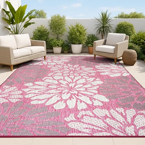 JONATHAN Y Floral Textured Weave Indoor Outdoor Area Rug 4X6 Fuchsia/Light Gray, Zinnia Modern for Backyard, Patio, Porch, Easy-Cleaning, High Traffic, Pet-Friendly, Non-Shedding (SMB110F-4)