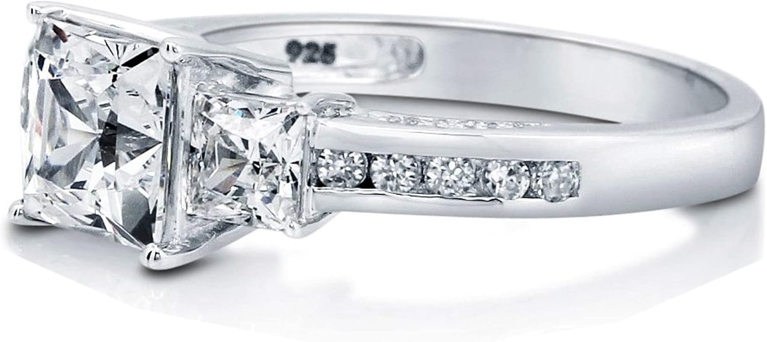 2 3/5 Carat (ctw) 3-Stone Princess Cut Moissanite engagement rings for women rings Platinum Plated Silver moissanite rings Name Custom Personalized Free Engraving