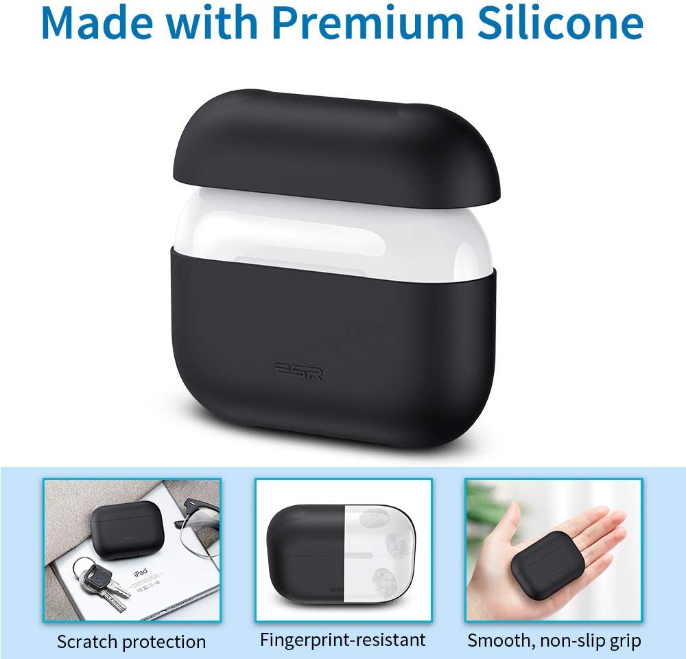 ESR Protective Silicone Cover for AirPods Pro Case, Hingeless, Slim-Fit, Visible Front LED, Shock & Scratch-Resistant Ultra-Thin Case Skin for AirPods Pro Charging Case,Black