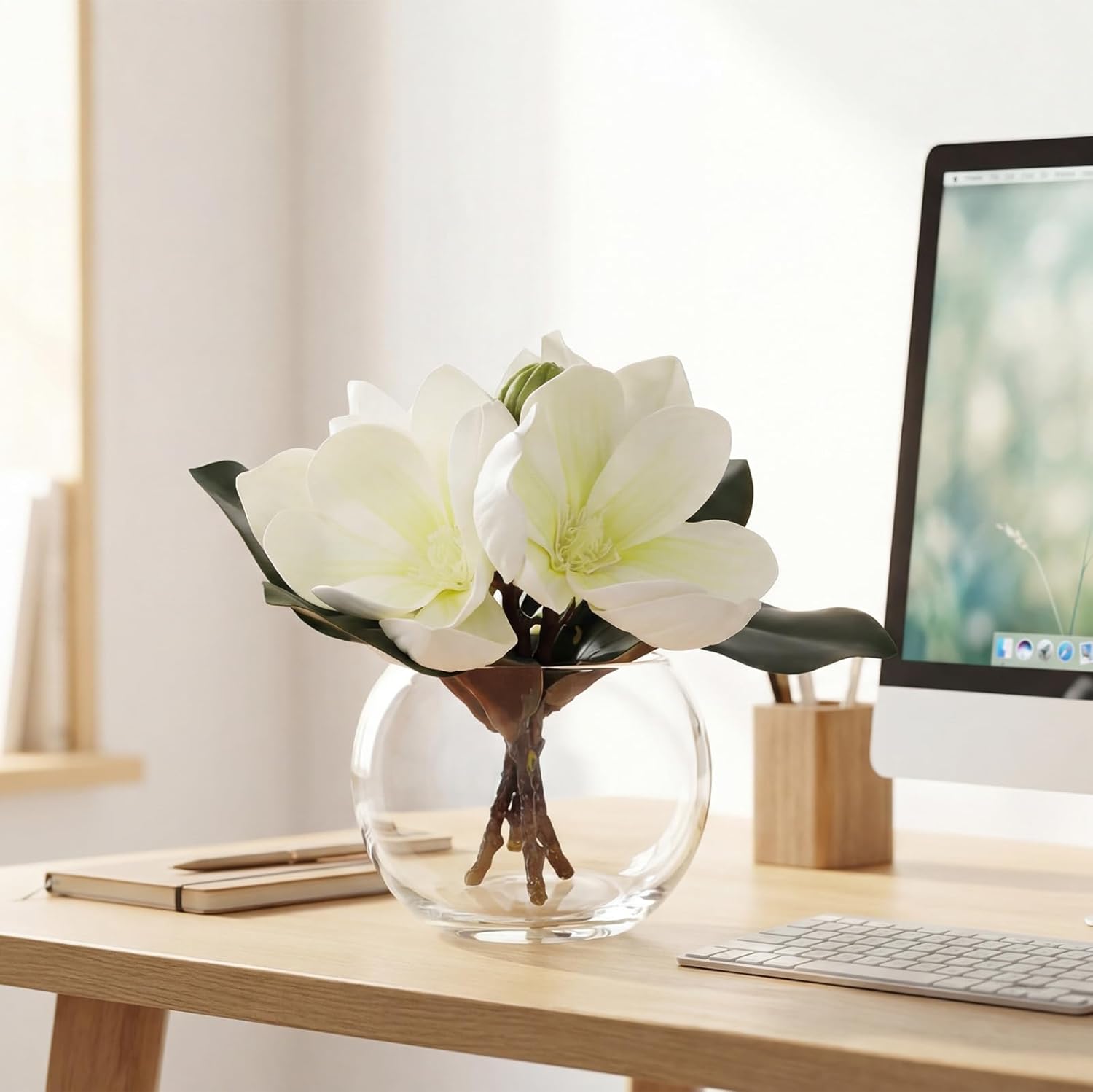 White Magnolia Flowers Artificial with Glass Vase Realistic Magnolia Faux Flowers Arrangements in Vase with Faux Water Magnolia Home Decor for Bathroom Dresser Office Dining Table Decor (White)