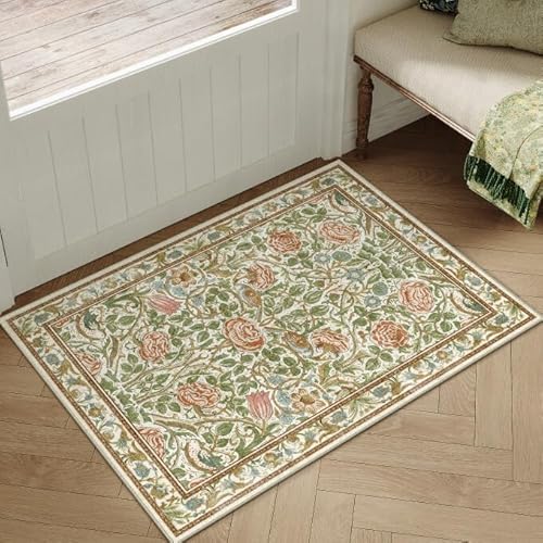 Green Entryway Rug 2x3 Washable Vintage Door Mat Soft Low Pile Carpet Non Slip Distressed Small Floral Throw Rug for Hallway Kitchen Bedroom Office Bathroom Laundry 2' x 3' (Rectangular) Bor