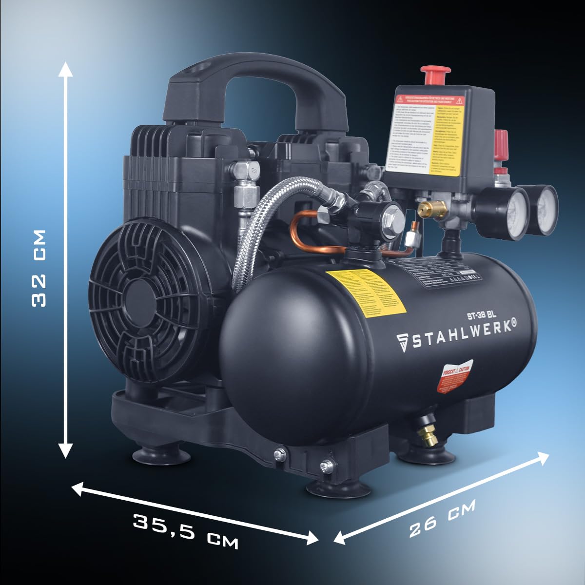 STAHLWERK Kompressor mit 3 L Tank (ST-38 BL) – ölfrei & leise, 8 bar, 1,22 PS (0,9 kW), 170 l/min, 65 dB, Druckluftkompressor mit Brushless-Motoren, Silent-/Flüsterkompressor, Kolbenkompressor