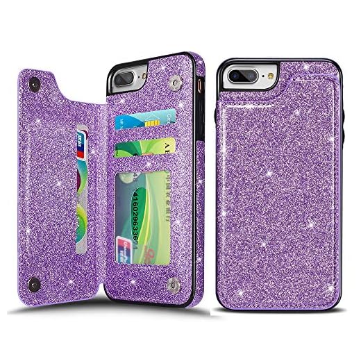 UEEBAI Case for iPhone 6 Plus 6S Plus, Premium Glitter PU Leather Case Back Wallet Cover [Two Magnetic Clasp] [Card Slots] Stand Function Durable Shockproof Soft TPU Case for iPhone 6 Plus - Purple#2