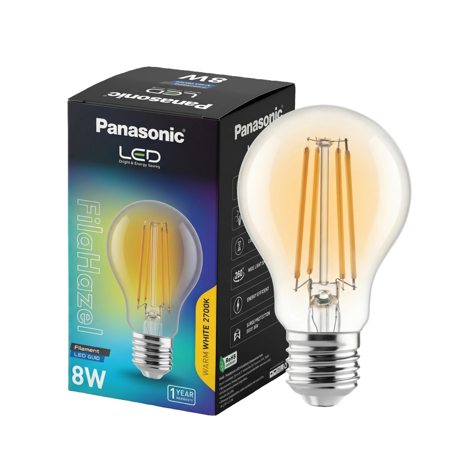 Panasonic Filahazel 8W A60 LED Filament Bulb, Decorative LED Bulb for Home & Office Decoration, Classic Vintage Tinted Glass Filament Bulb comes with In-Built Surge Protection, E27, 2700K (Warm White)-image-4
