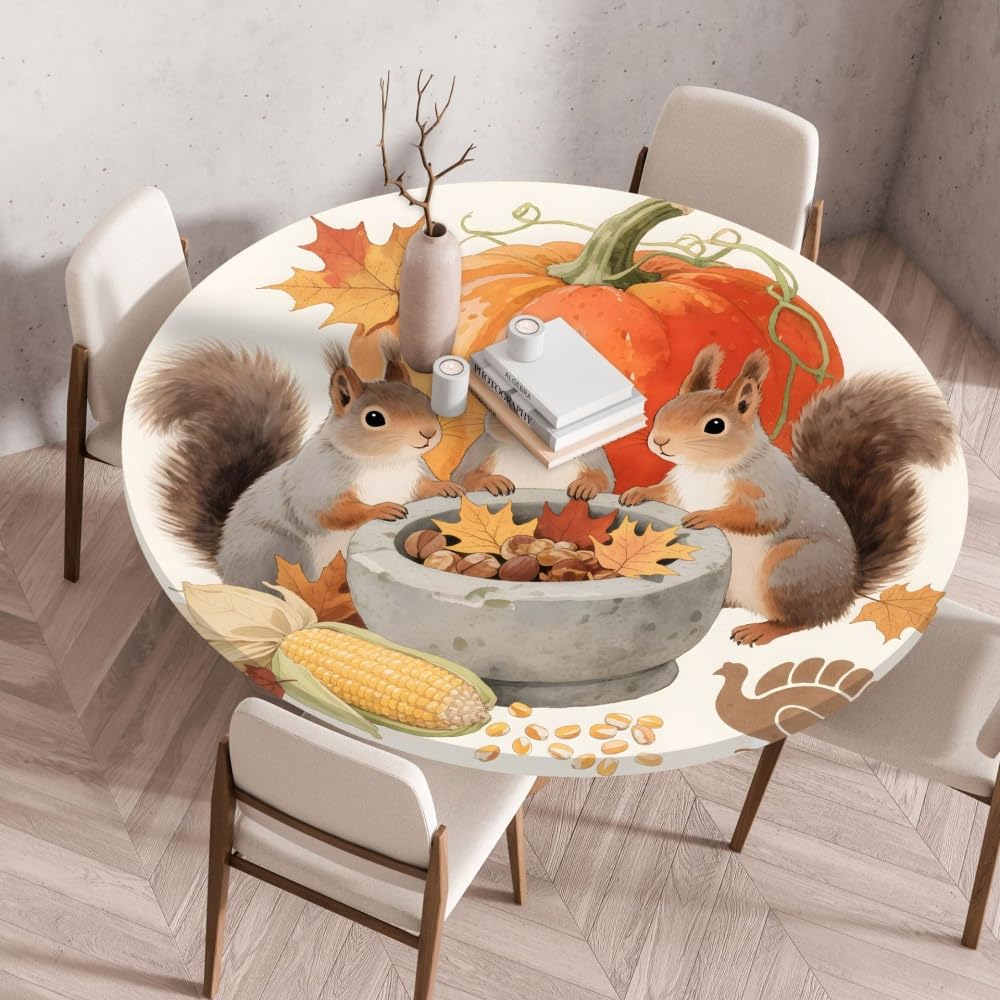 Odot Elastic Edged Round Fitted Tablecloth Autumn squirrels Protector Wipeable Circle Tablecloth, Table Cover Wipe Clean for Kitchen Dining Room Picnic Tabletop (Maple Pumpkin 2,100cm)