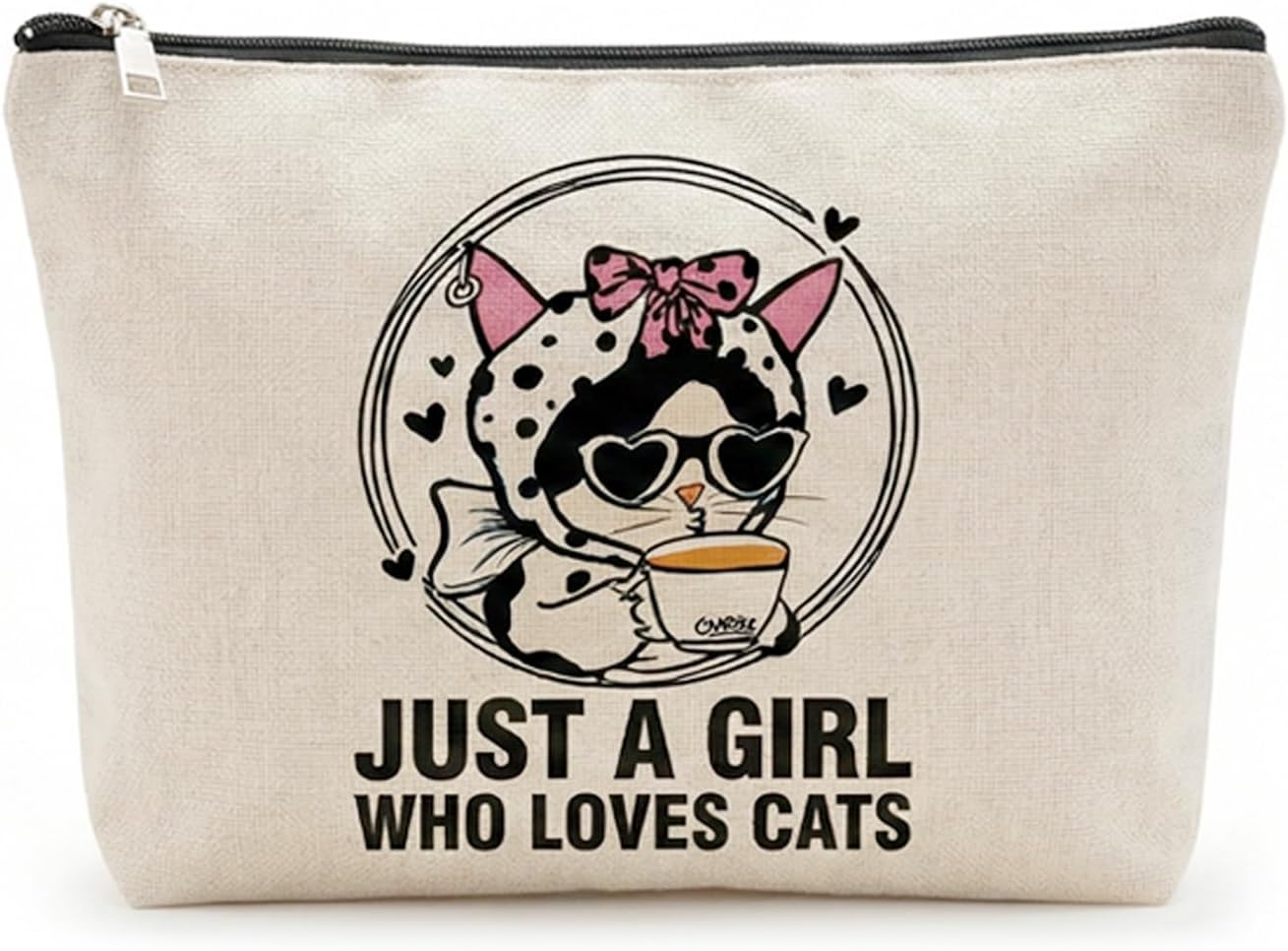 Cute Cat Makeup Bag for Women, Canvas Cosmetic Pouch with Zipper, Funny Kitten Travel Toiletry Bag, Aesthetic Desk Accessory Organizer for Cat Lovers, Birthday Surprise for Mom, Sister & Friends