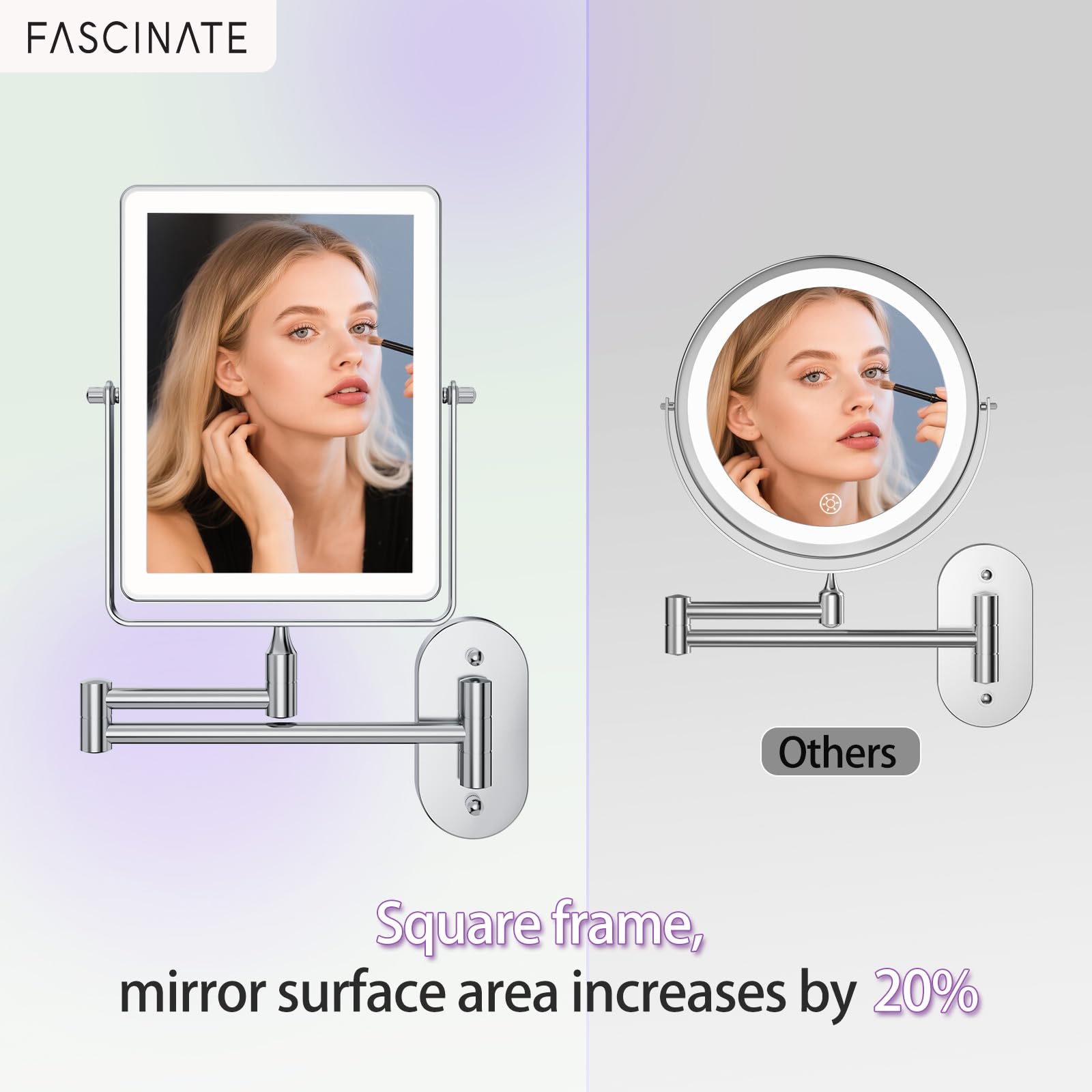 FASCINATE Wiederaufladbarer Kosmetikspiegel mit 1X/10X Vergrößerung | 3 dimmbare Lichtfarben, Touchscreen, 360° dreh für Wandmontage Rasierspiegel, Schminkspiegel für Badezimmer (Siber)
