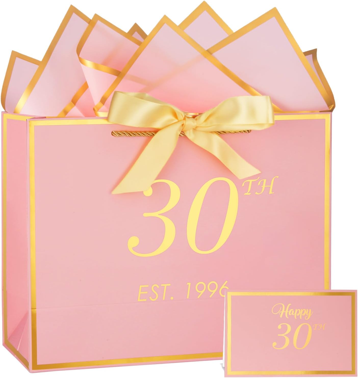 momoake 30th Birthday Gift Bag with Card and Tissue Paper for Women/Her, 1996 30 Year Old 13" Elegant Pink Gold Anniversary Keepsake Party Present Shopping Paper Bags for 30th Birthday Decorations