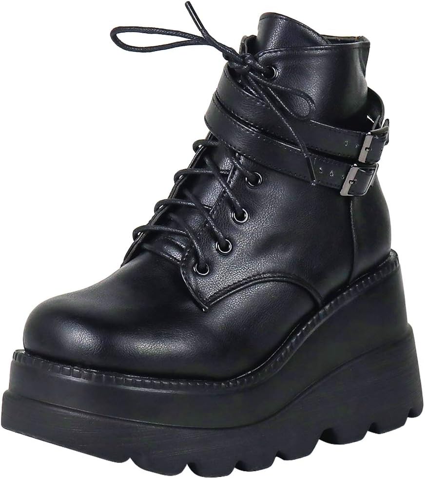 cynllio Fashion Chunky Heel Platform Boots for Women Buckle Wedges Lace up Zip Combat Ankle Booties