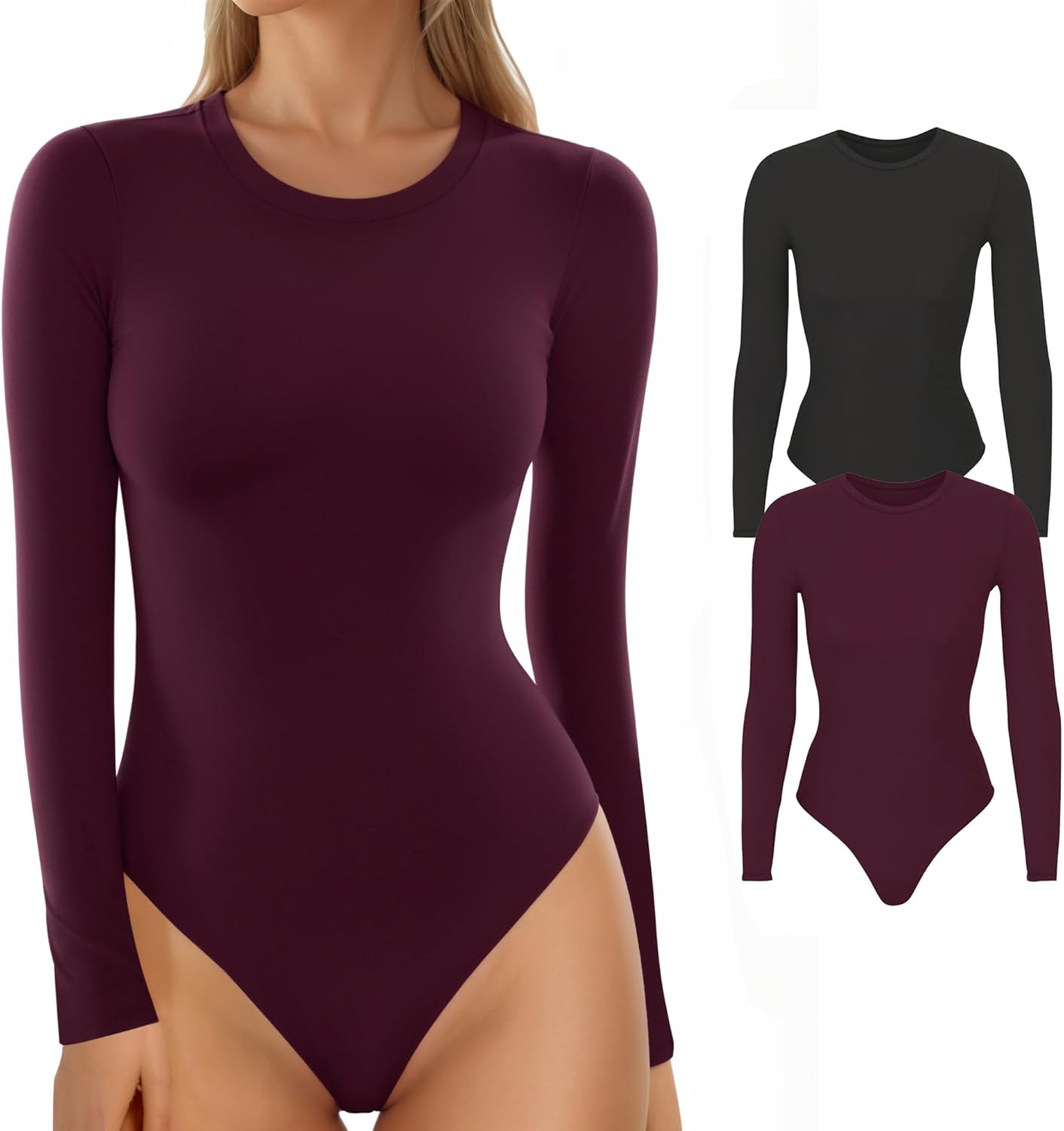 MANGOPOP Women's Crew Neck Short Sleeve Bodysuit Long Sleeve Body Suit T Shirts Basic Slim Fitted Tops