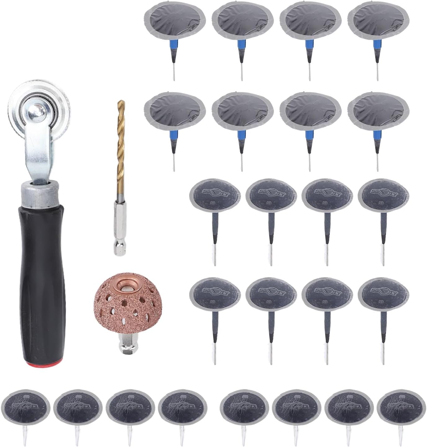Tire Repair Patch Tool Kit with Patch Roller Buffing Wheel 4mm Drill Bit Tire Repair Plug Portable Efficient Universal Fit Cars Trucks Bikes Scooters