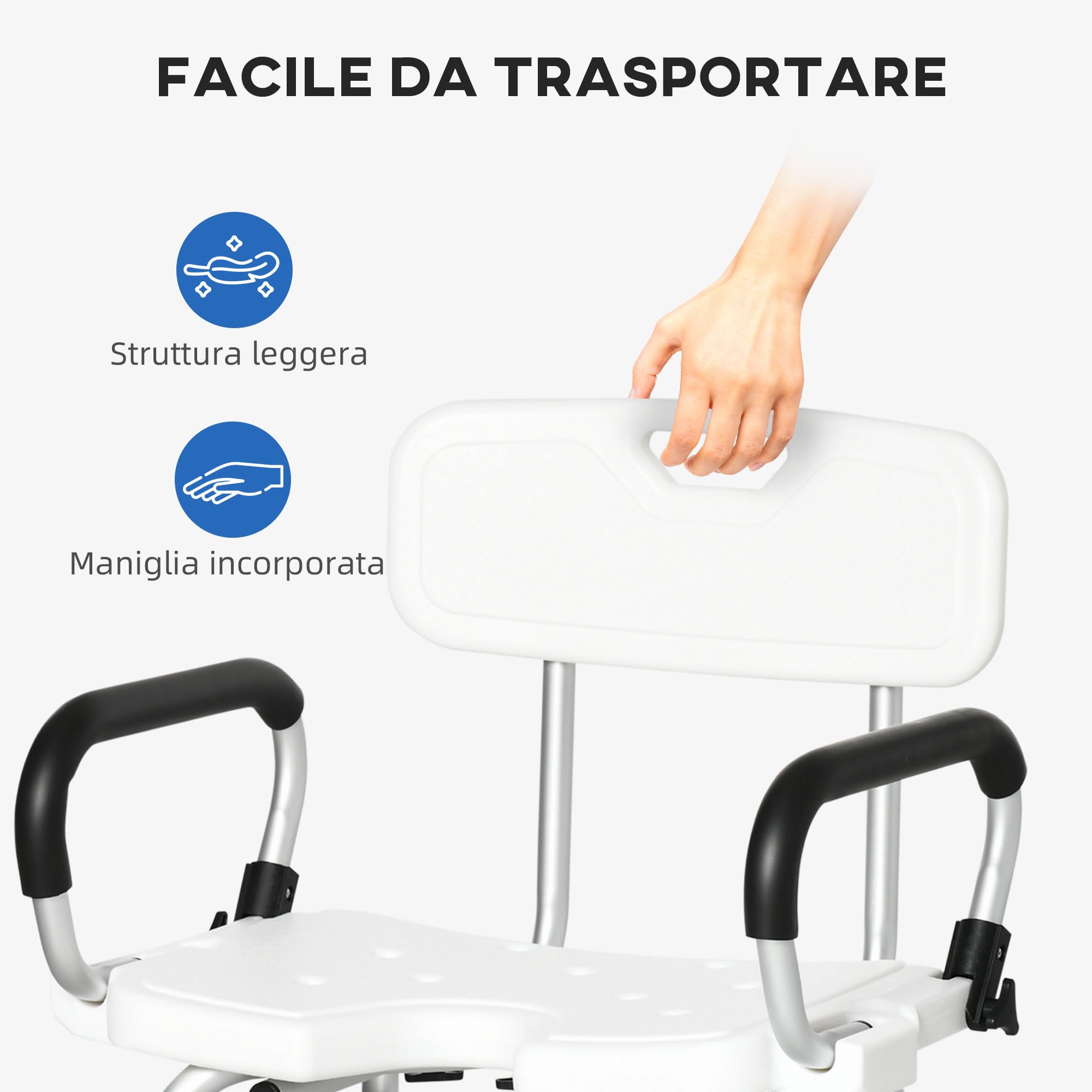 HOMCOM Sedia per Doccia Imbottita per Anziani, 54x52x70-82cm Bianco | Disabili, Donne Incinte, Forma a U