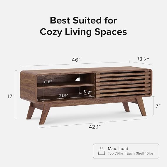 mopio Ensley 46 TV Stand with Slatted Door, Mid Century Modern Entertainment Center for 55/60/65 inch TV, Farmhouse Media Console with Storage, Adjustable Shelves, Round Edges, Living Room (Walnut)