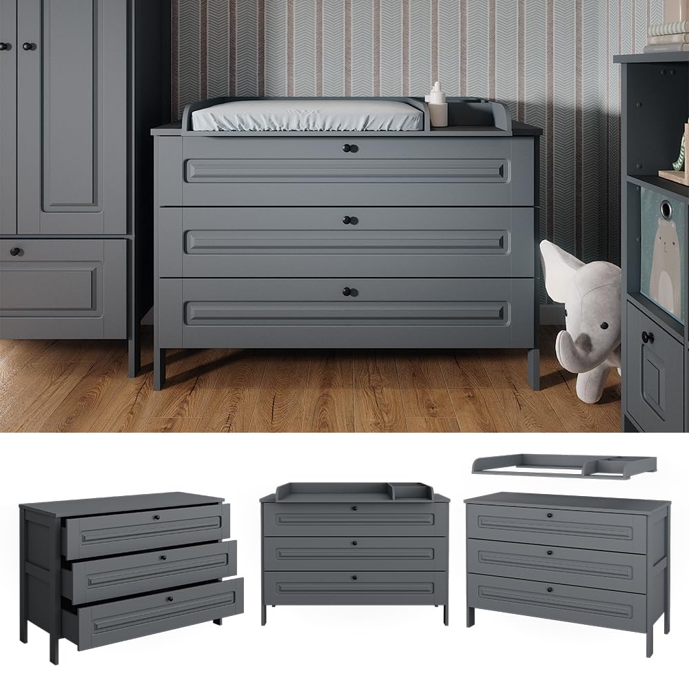 Vitalispa przewijak "Ajaton", Szary, 133 x 98.4 cm | z 3 szufladami, convient aux matelas à langer standards jusqu'à 85 cm