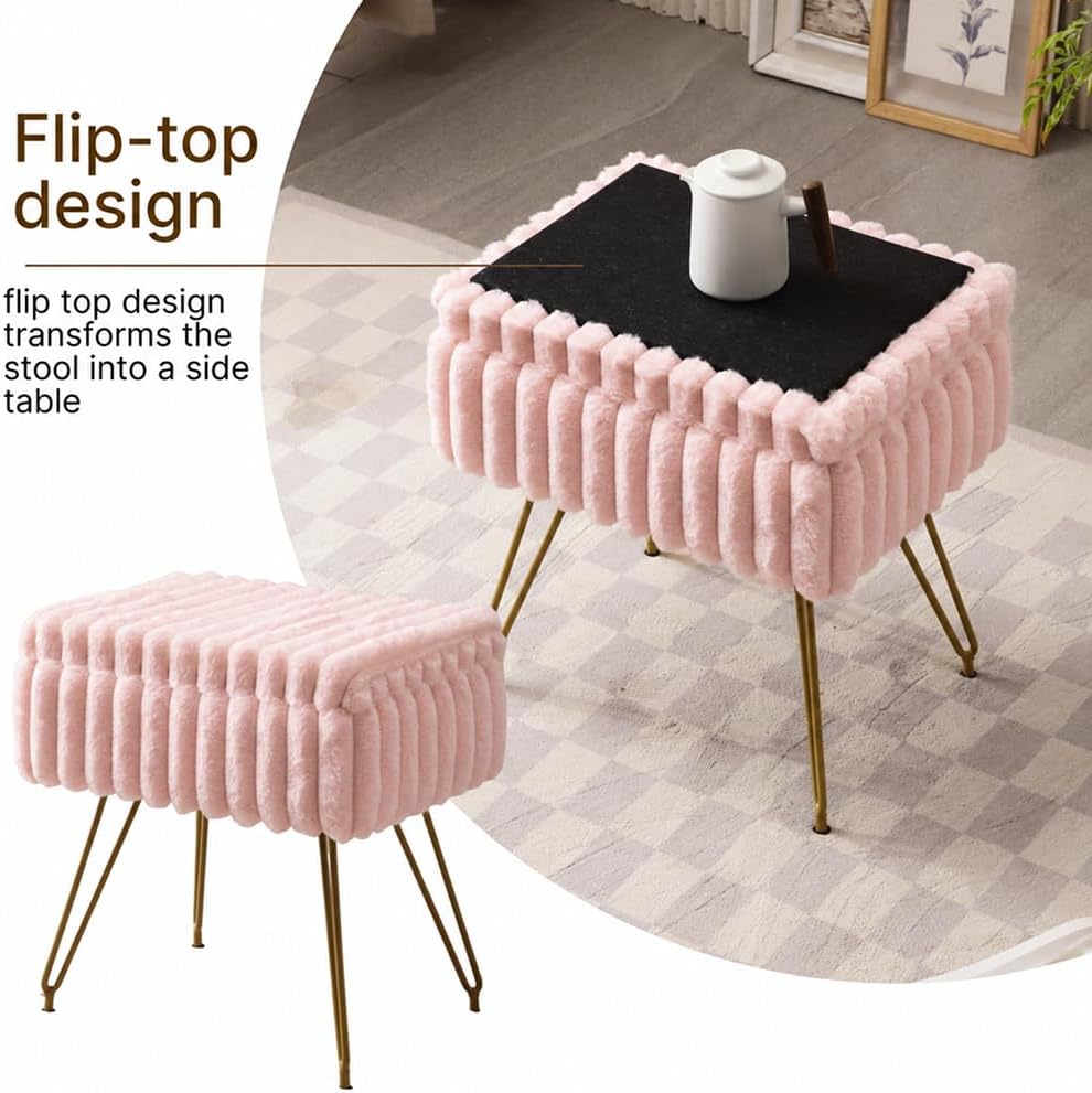 Faux Fur Storage Ottoman, Modern Soft Footstool, Storage Bench with Metal Legs, Vanity Seat, Fur Stool, Ottoman Coffee Table, Makeup Chair, Vanity Stools for Bedroom (Pink)