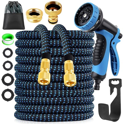 Gartenschlauch Flexibel 30M - Upgraded 3-Fach Dehnbarer Flexibler Wasserschlauch, 3-lagiges Latex Flexschlauch Langlebig, Garden Hose Set mit Brause, Flex Schlauch Garten mit Verbinder und Aufhängung