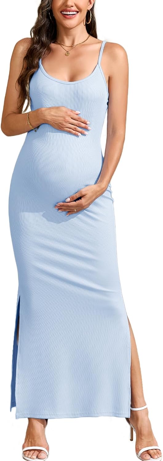 AISWI Maternity Bodycon Maxi Dress Spaghetti Strap Ribbed Pregnancy Sundress with Side Slits for Baby Shower Casual