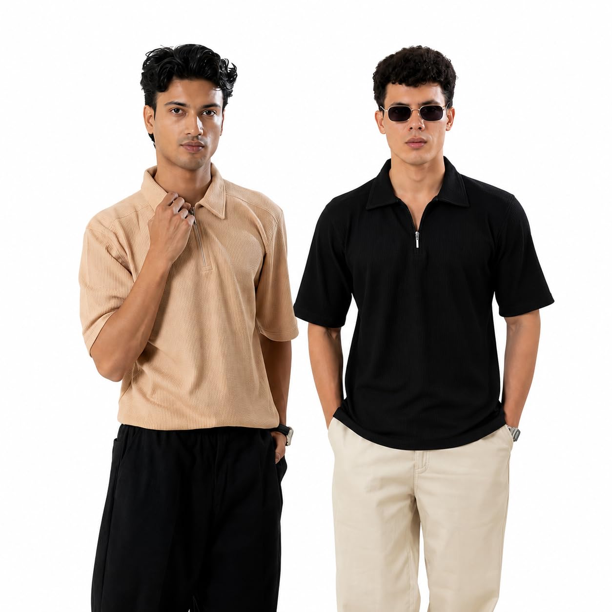 nine souls Men's Waffle Texture Half-Zip Polo Shirt-picture-33