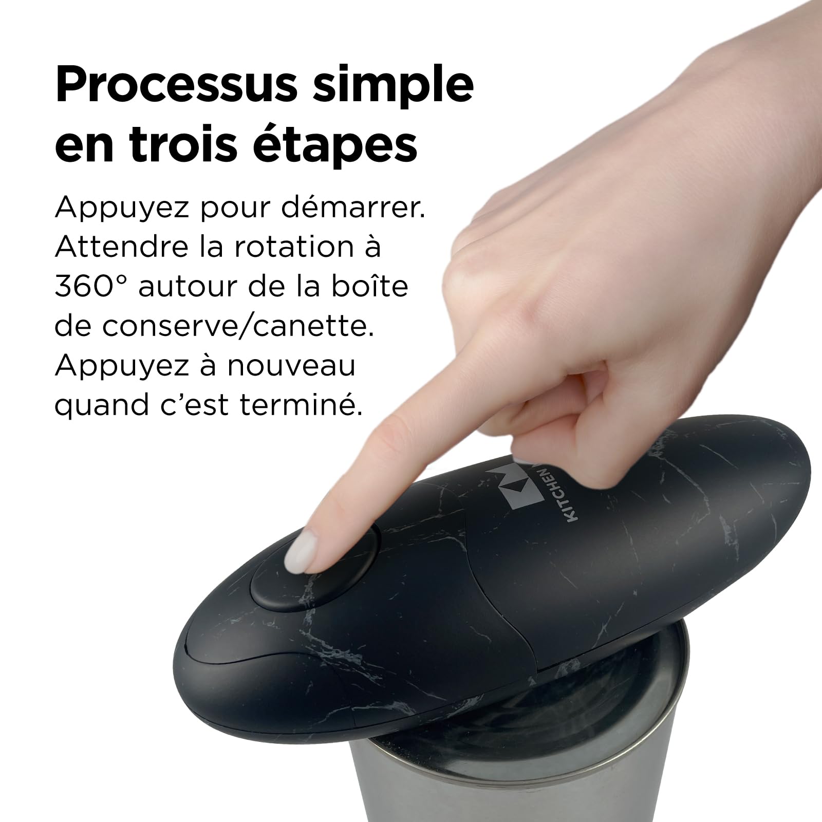 Kitchen Mama Auto 2.0 Ouvre-boîte électrique : la lame raffinée ouvre presque toutes les boîtes de conserve - automatique, mains libres, bord lisse, sans danger pour les aliments (Marbre noir)