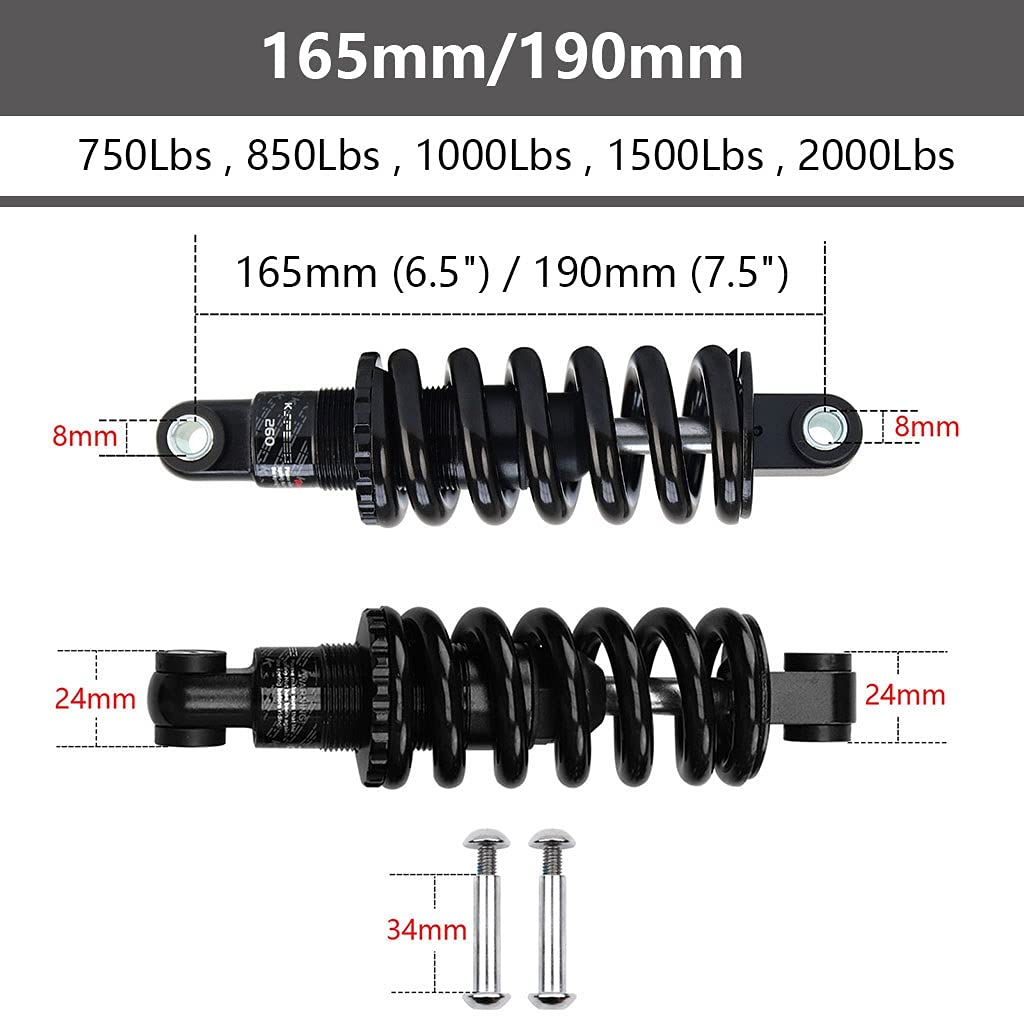 AuroraXQ Mountain Bike Ammortizzatore Posteriore MTB 165mm (6,5 ")/ 190mm (7,5") Sospensione a Molla 750/850/1000/1500/2000 Libbre(165mm,2000Lbs)