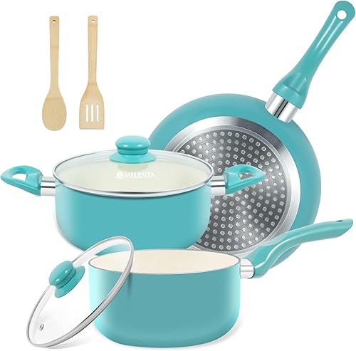 M MELENTA Juego de ollas y sartenes, 7 piezas de utensilios de cocina de cerámica antiadherente, juegos de utensilios de cocina de inducción, juegos