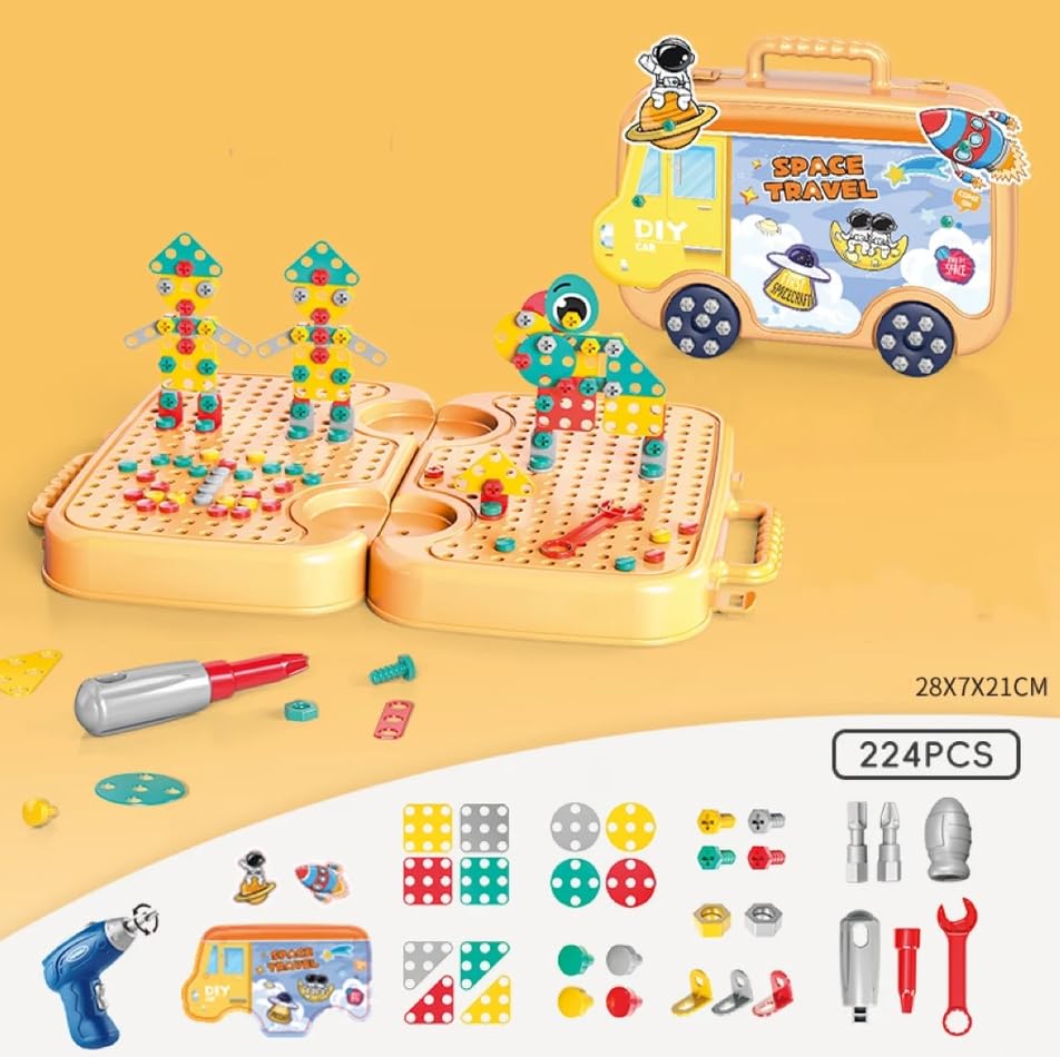 Image of Electric Drill Screw Tool Set Creative Mosaic Puzzle Toy, 224 Pcs 3D Creativity Educational Kit Construction Toy Birthday Gift for Ages 3 4 5 6 Years Boys Girls (Bus Shape Orange)