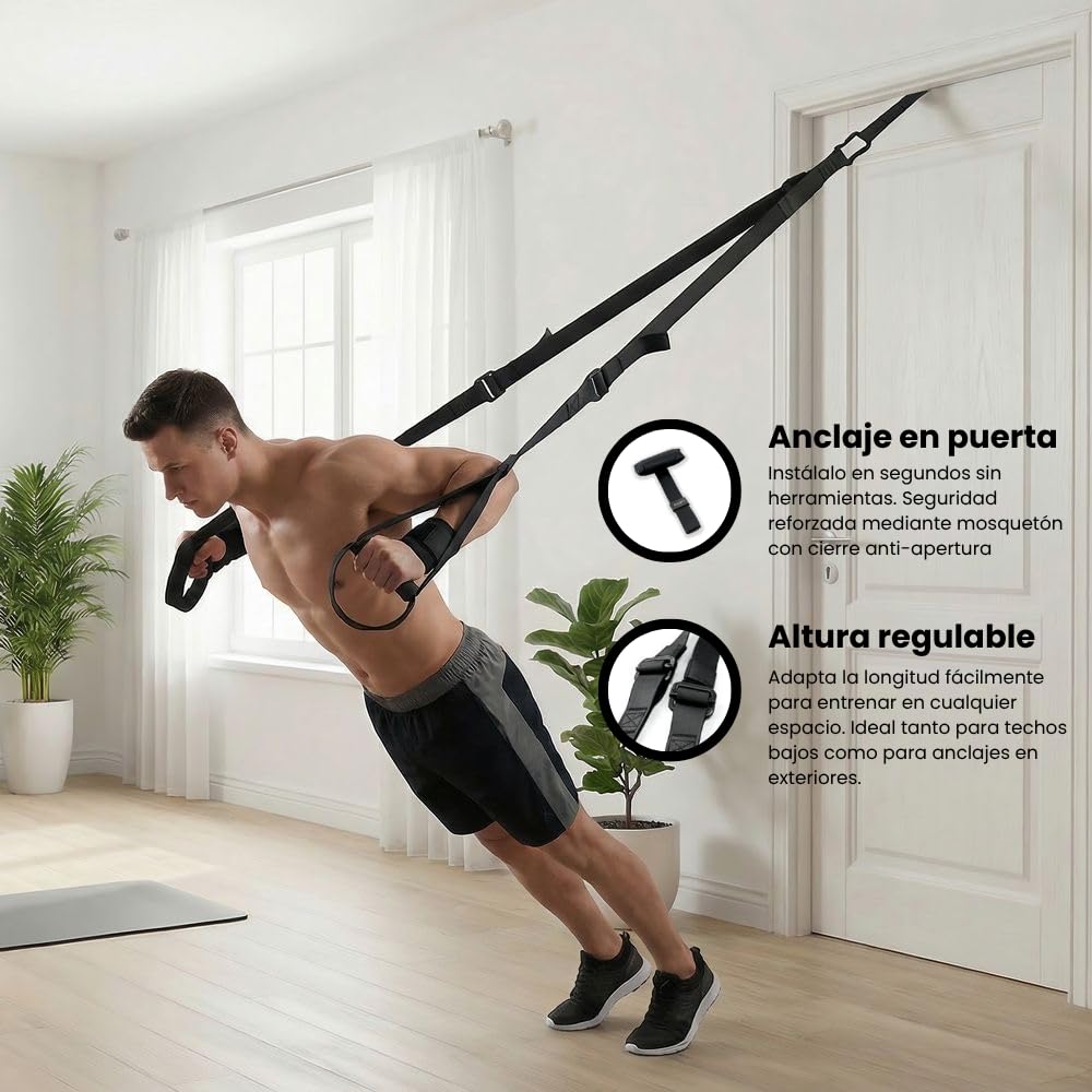 Cinghie da allenamento in sospensione, set con ancoraggio regolabile, fitness a casa, adatto per viaggi e allenamento in interni ed esterni, include polsiere per un maggiore sostegno.