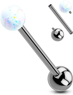OUFER Titanium Tongue Rings - White Opal Tongue Jewelry, Internally Threaded, Straight Barbell for Women & Men