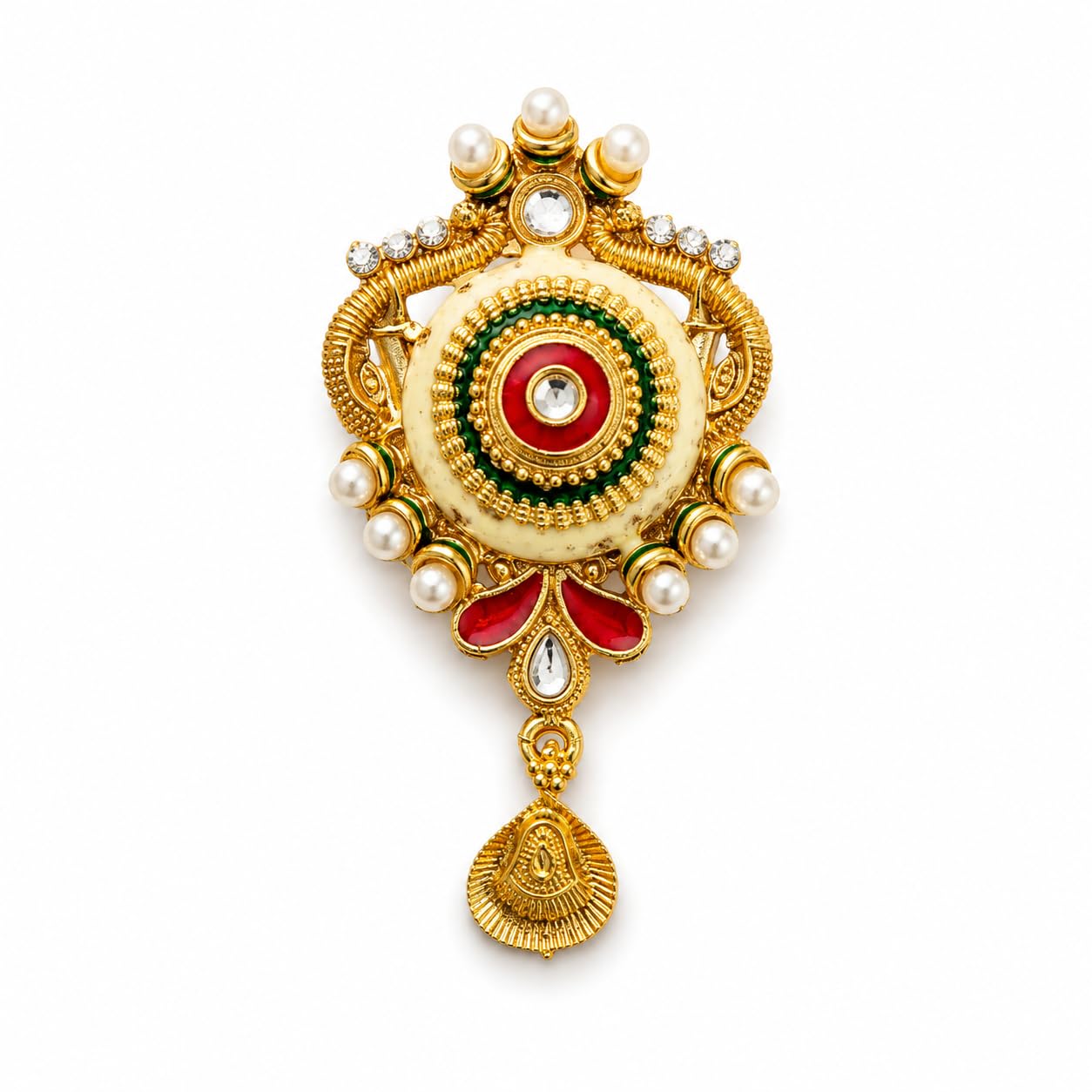 Antique Gold Plated Traditional Saree Pin for Women with Pearl Bead Border Multicolour Enamel Stone Work Circular Ethnic Brooch for Saree Lehenga Dupatta Bridal Wedding Jewellery Accessory (1pc)-image-8