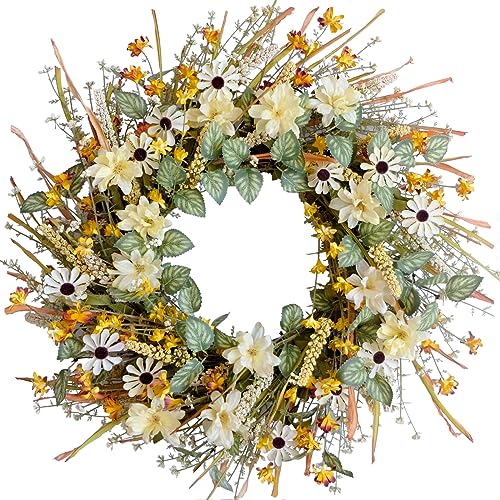 idyllic 20 Inches Spring Summer Front Door Wreath, Yellow and White Daisies Flowers, Ear of Wheat, Green Leaves Wreath for Front Door