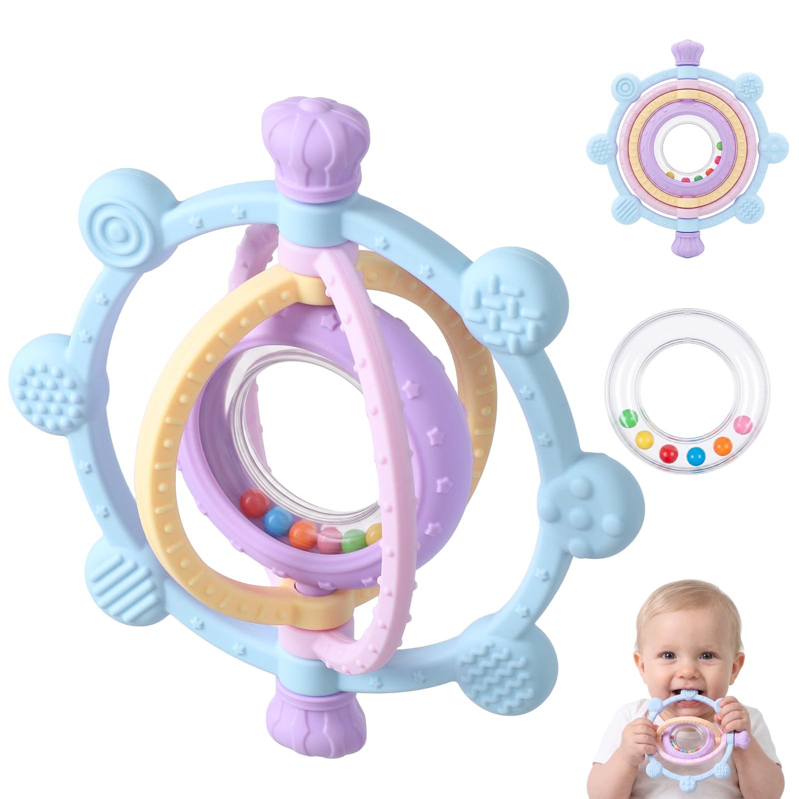 Orzbow Silicona Mordedor Bebe 0-6 Meses con Sonajero Bebe 0-3 Meses, Azul | Juguetes Bebes 6-12 Meses con Texturas 360° para Masajear las Encías, Juguetes de Grado Alimenticio, libre de BPA