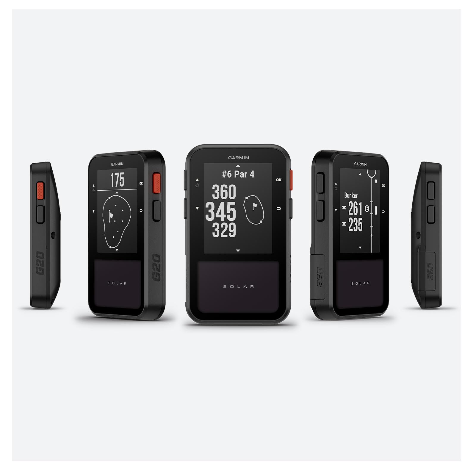 Garmin Approach G20, Portatile GPS per il Golf, Ricarica Solare, Mappe di 43.000 Campi Internazionali Precaricate, Display 2,2", Autonomia Potenzialmente Illimitata, Moschettone incluso