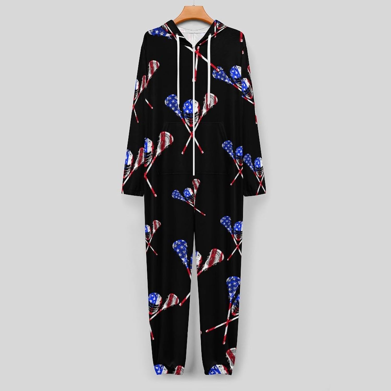 Lacrosse U.S.A. Flag Adult Pajamas Onesie with Hood Pocket Jumpsuits One Piece Sleepwear