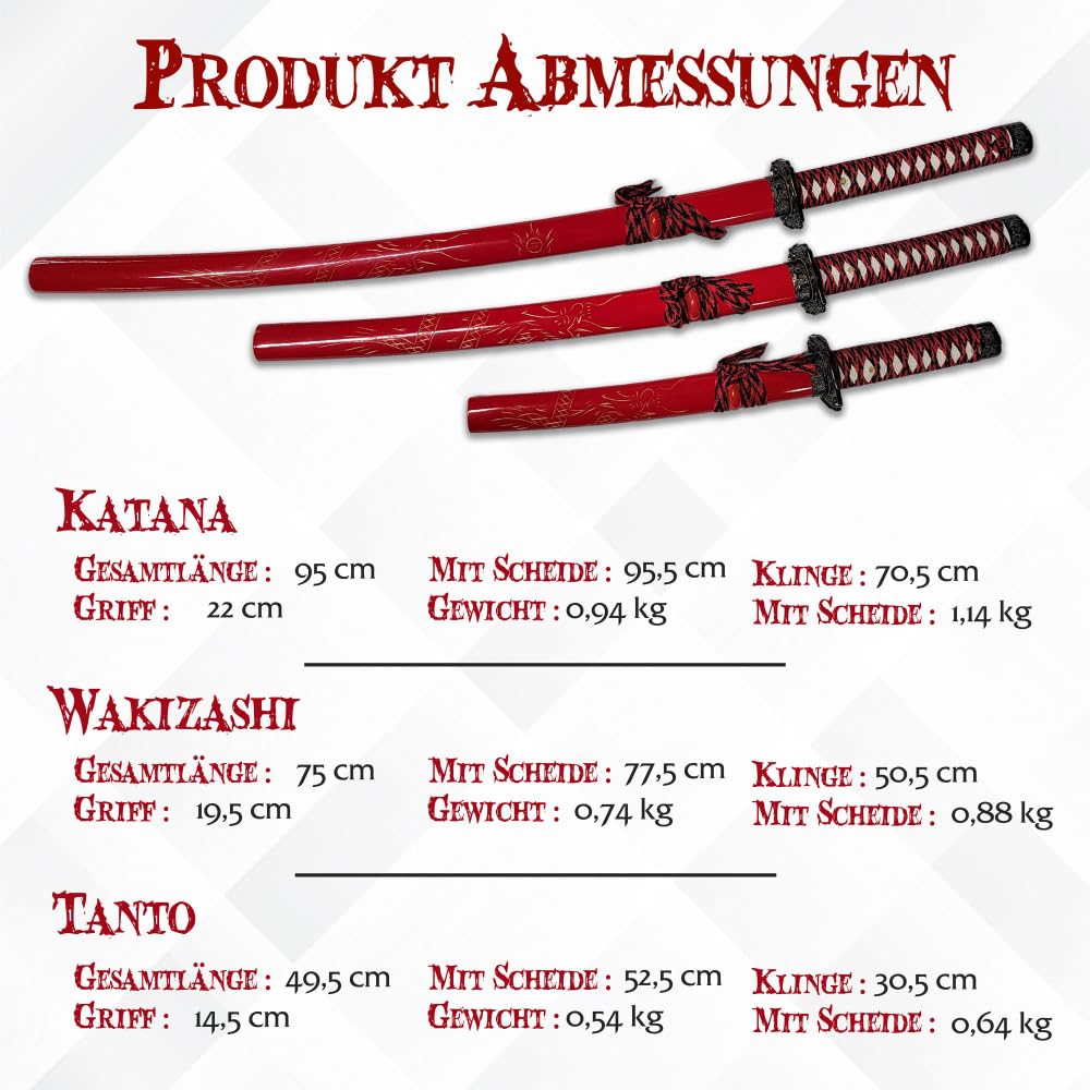 Handgeschmiedetes Samurai Schwert Set Rot (3-teilig) | Katana, Wakizashi & Tanto aus 1050 Kohlenstoffstahl | Inkl. Ständer & Pflegeset | Traditionelles Daisho für Sammler