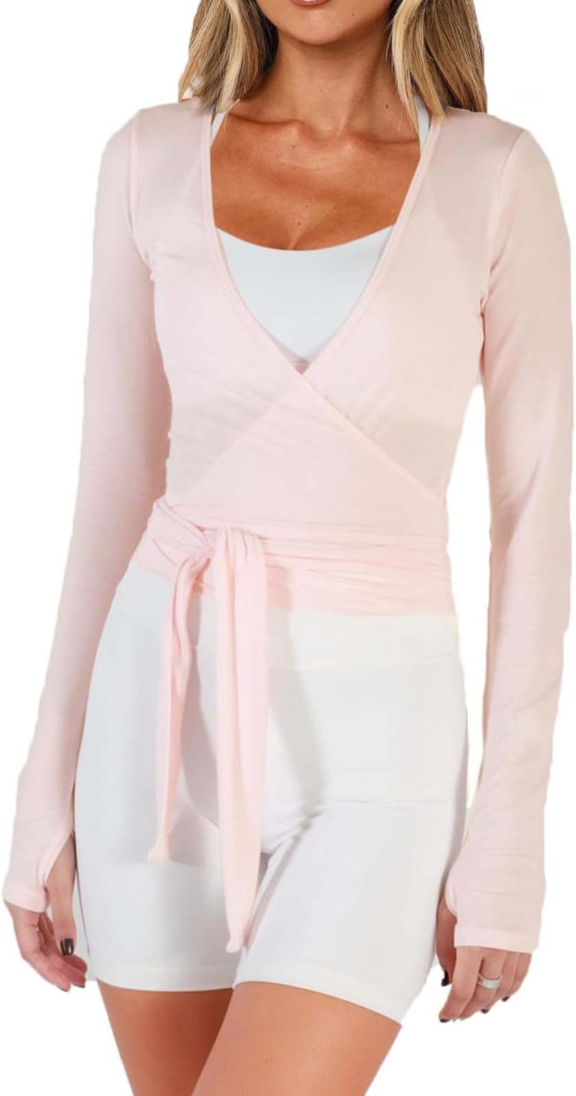 Women Crop Wrap Top Thumb Hole Long Sleeve Active Self Tie Workout Shirt Ballet Pilates Yoga Wrap Tops
