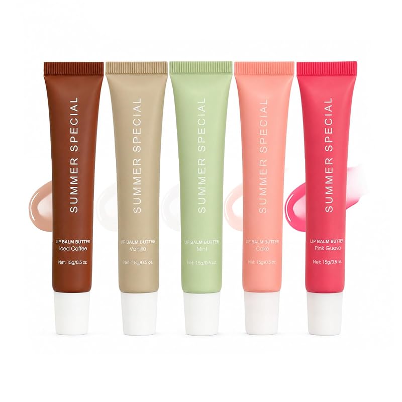 Conjunto com 5 manteigas labiais LFuTPm, tons Vanilla Nude, Mint Clear, Iced Coffee Warm Brown, Cake Glittery Pink e Guava, 14 mL cada