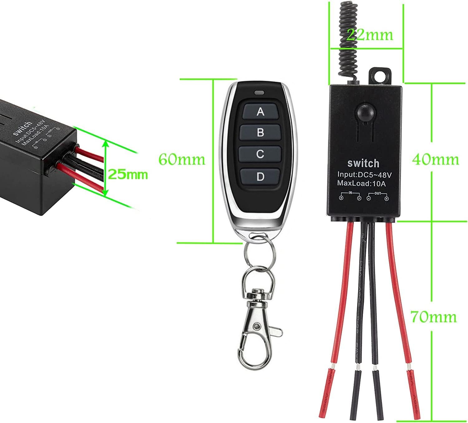 Interruptor inalámbrico de 12 V, mini interruptor inalámbrico de 4 canales con mando a distancia, DC12 V-48 V 10 A, interruptor de luz inalámbrico con alcance largo de 328 pies para puerta de