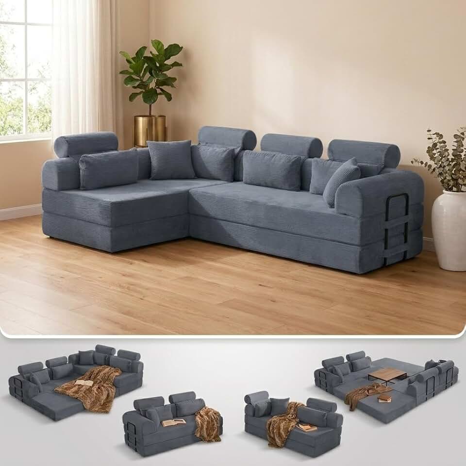 Sofá-cama modular secional de 269 cm, sofá de veludo cotelê conversível 4 em 1, sofá-cama desossado em forma de L com espreguiçadeira e travesseiros para apartamento de sala de estar