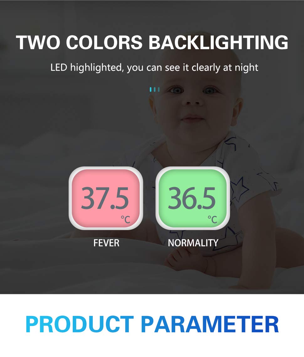 Graphic showing two thermometer displays, one with 36.5°C and green backlight (Normality), and another with 37.5°C and red backlight (Fever).