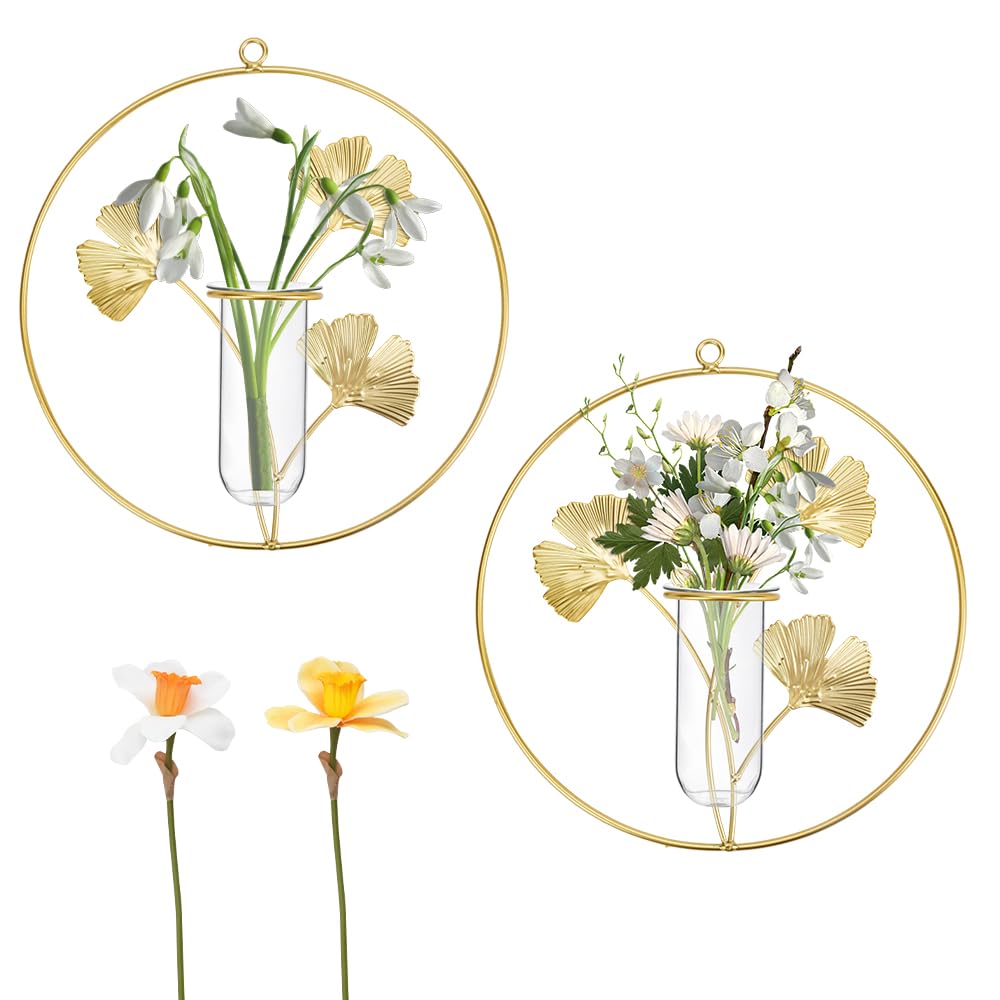 Juego de 2 macetas hidropónicas montadas en la pared, jarrón colgante metálico para interior con narcisos artificiales, vasos de cristal para decoración del hogar, terrarios geométricos, centros