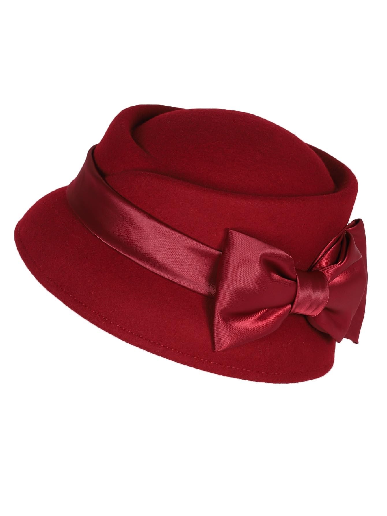 Bombetta Donna Elegante Cappello Fedora in Feltro di Lana | Con nastro Bowknot Cappellino cloche da matrimonio formale in chiesa Cappellino da donna for cocktail tea party