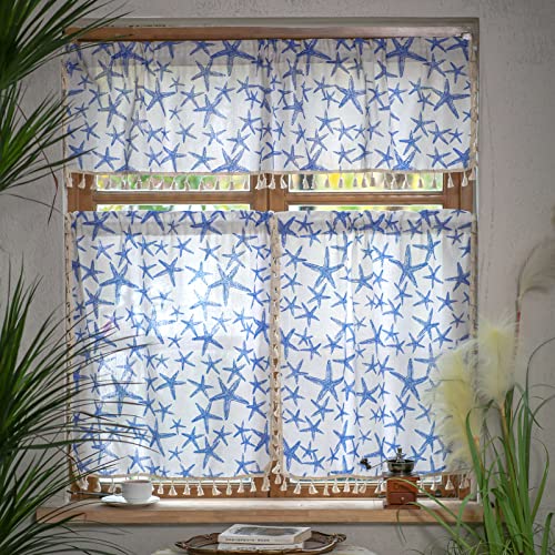 Sutavia Summer Kitchen Curtains Tier And Valance Set 3 Panels Country Lovely Blue Starfish Curtain Tiers & Valance Set Bordered Cotton Tassel Rod Pocket Window Treatment For Living Room Bedroom #TOP1