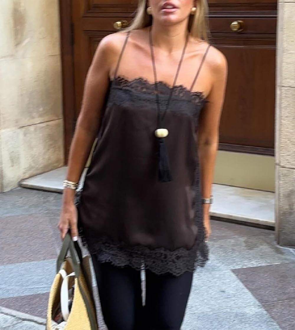 Women Satin Lace Trim Cami Top Elegant Square Neck Spaghetti Strap Tank Tops Silky Side Slit Flowy Camisole - Image 3